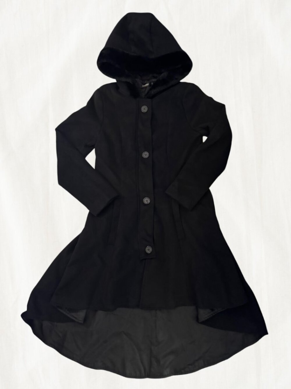 Clocolor Black Coat with Lace Up Back & Faux Fur Trim